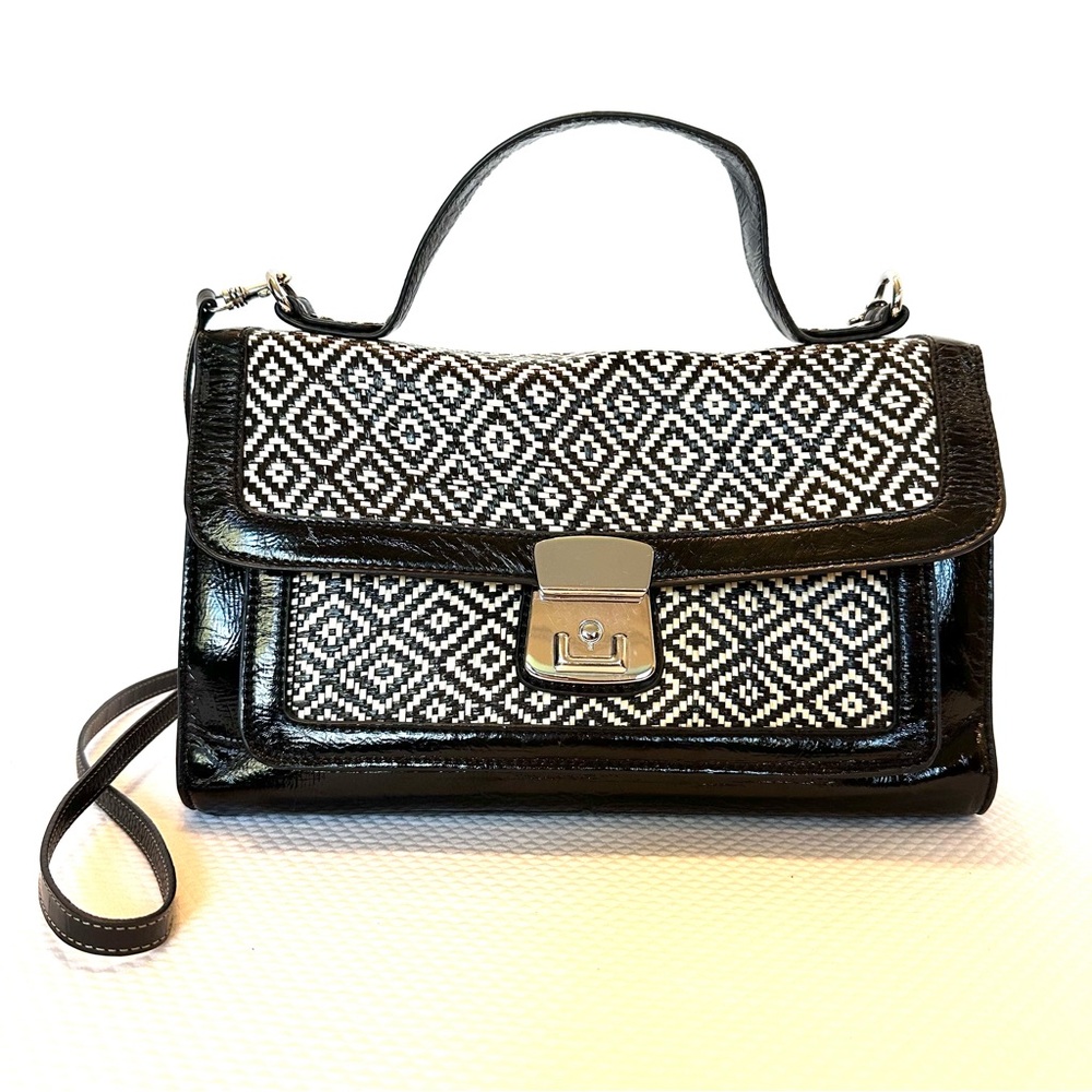 Melie Bianco Patent with Black & White Straw Geometric Satchel Handbag Purse Bag